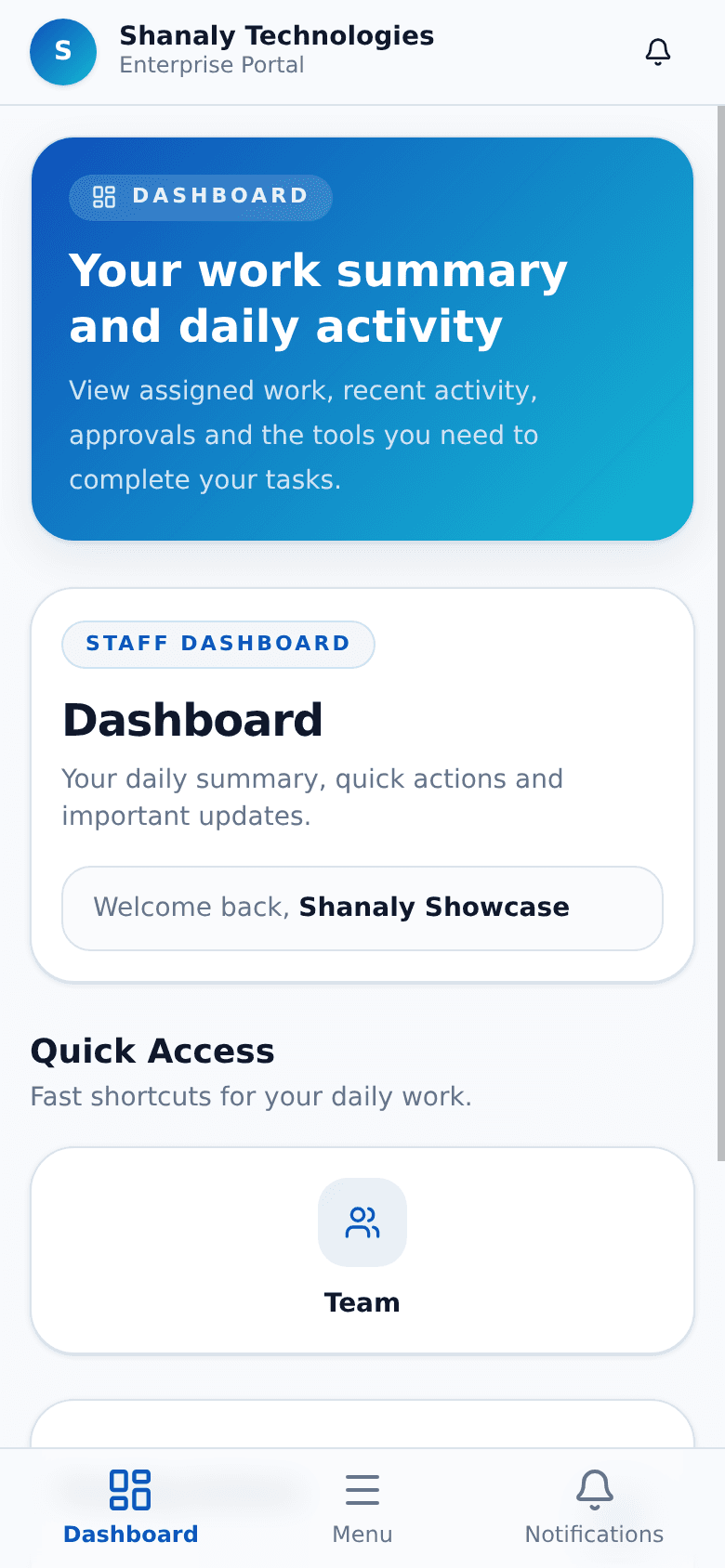 Shanaly Omni mobile dashboard screenshot showing sales, cash flow, quick actions, and payment readiness