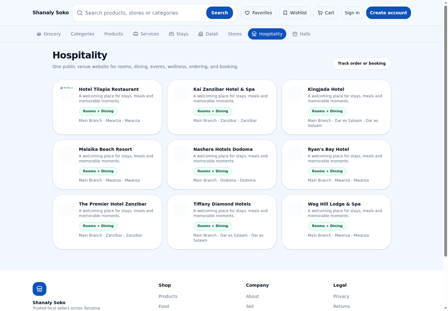 Shanaly Soko screenshot showing storefront categories for products, food, stays, and services